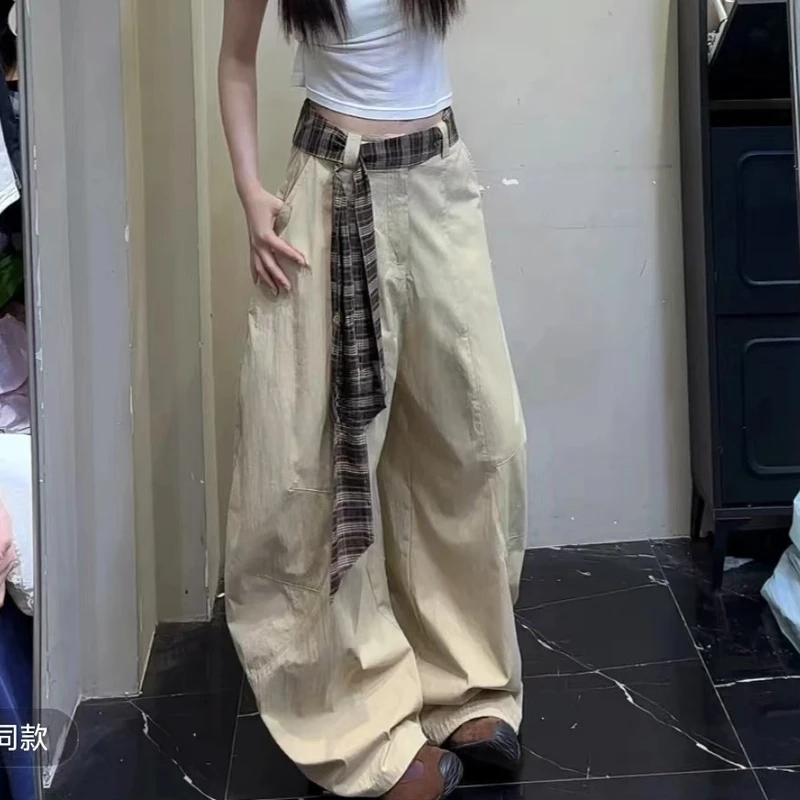 夏季新款女美式复古百搭设计感拼接格子松弛感宽松阔腿弯刀拖地裤