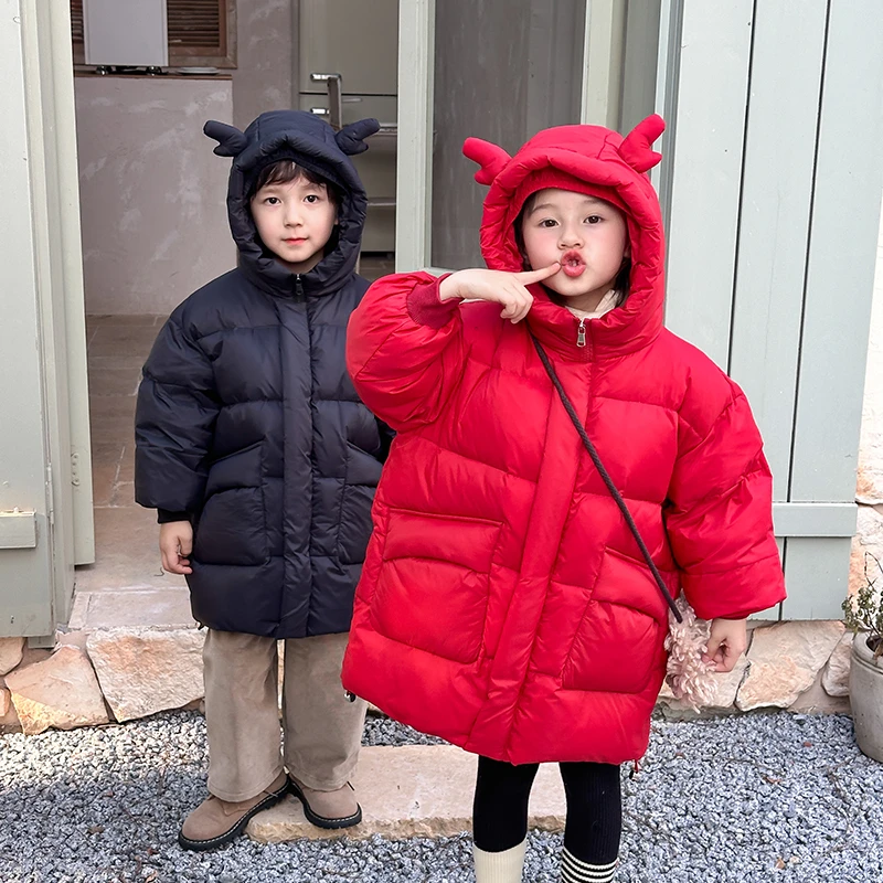 儿童中小童中长款绒服外套过年服拜年服秋冬新款男女童连帽上衣潮