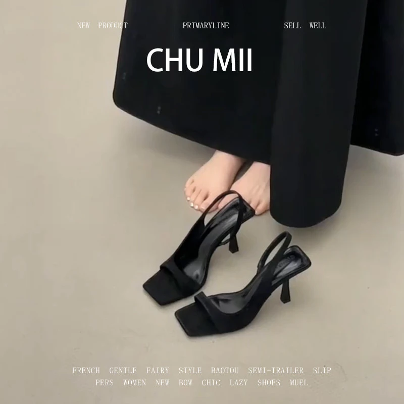 超火~羊皮版~法式黑色露趾凉鞋女简约方头细跟高跟鞋气质一字带凉