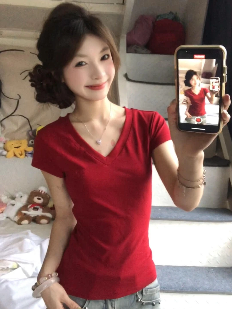 WRXS 基础款v领短袖正肩T恤女夏季修身收腰打底衫纯欲红色上衣ins