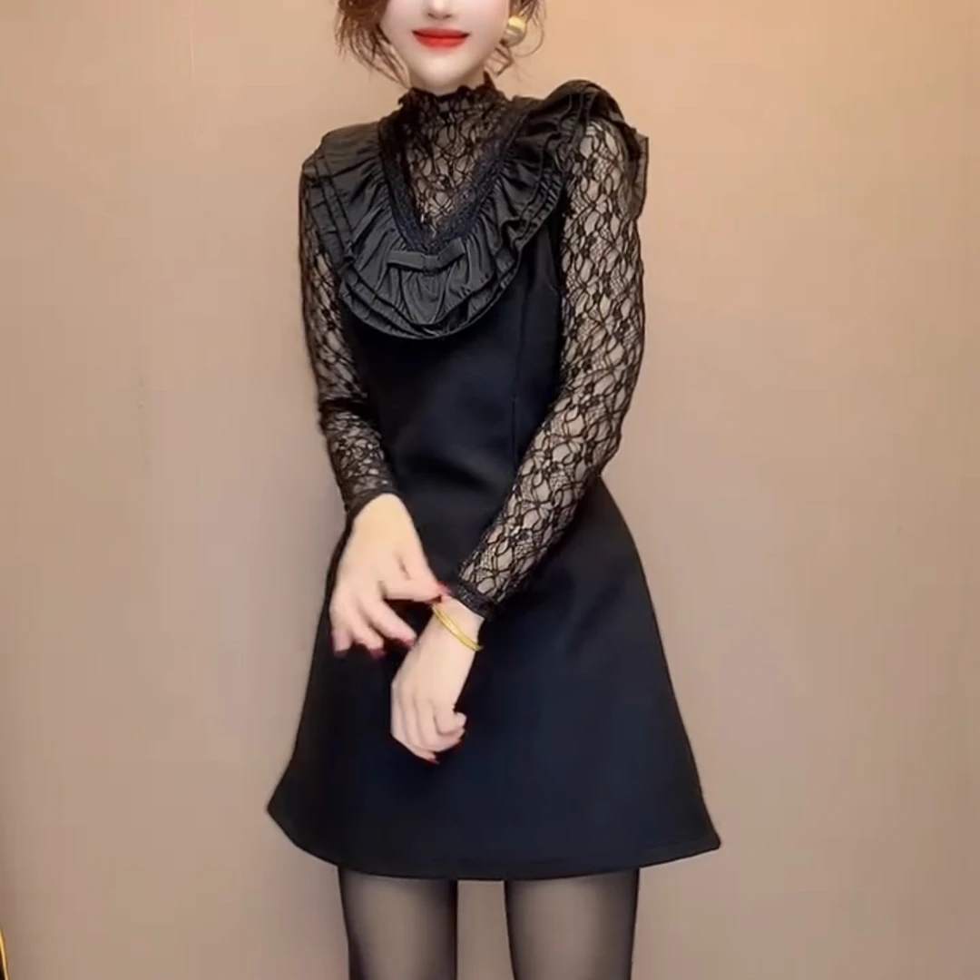 冬季新款淑女气质针织荷叶边长袖连衣裙千金风