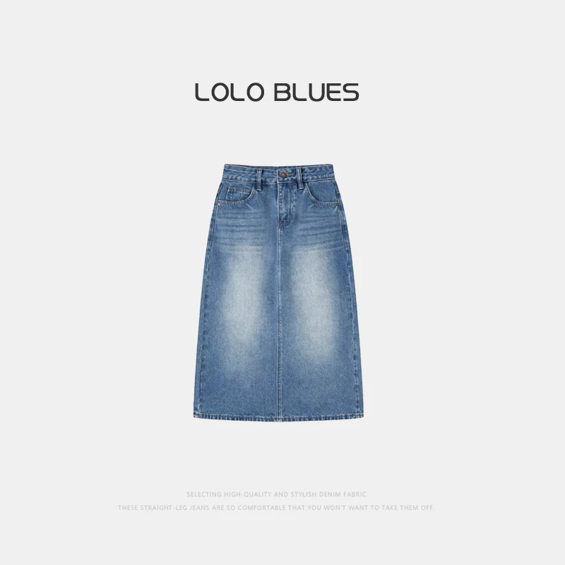 新款时尚百搭显瘦后开叉半身牛仔裙-00083V