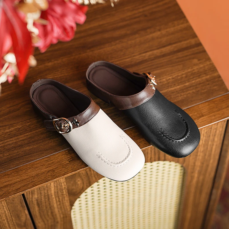 2.5cm/羊皮/法式复古包头半托鞋女新款舒适圆头百搭拼色穆勒鞋女