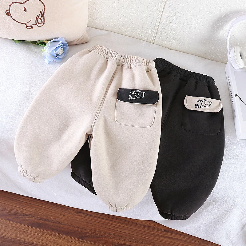 宝宝冬装牛仔加绒裤 可爱卡通小熊图案长裤 儿童保暖百搭牛仔裤