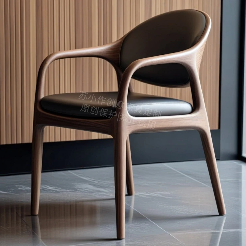 新中式北美黑胡桃实木真皮休闲椅餐椅靠背椅现代轻奢书桌椅茶椅