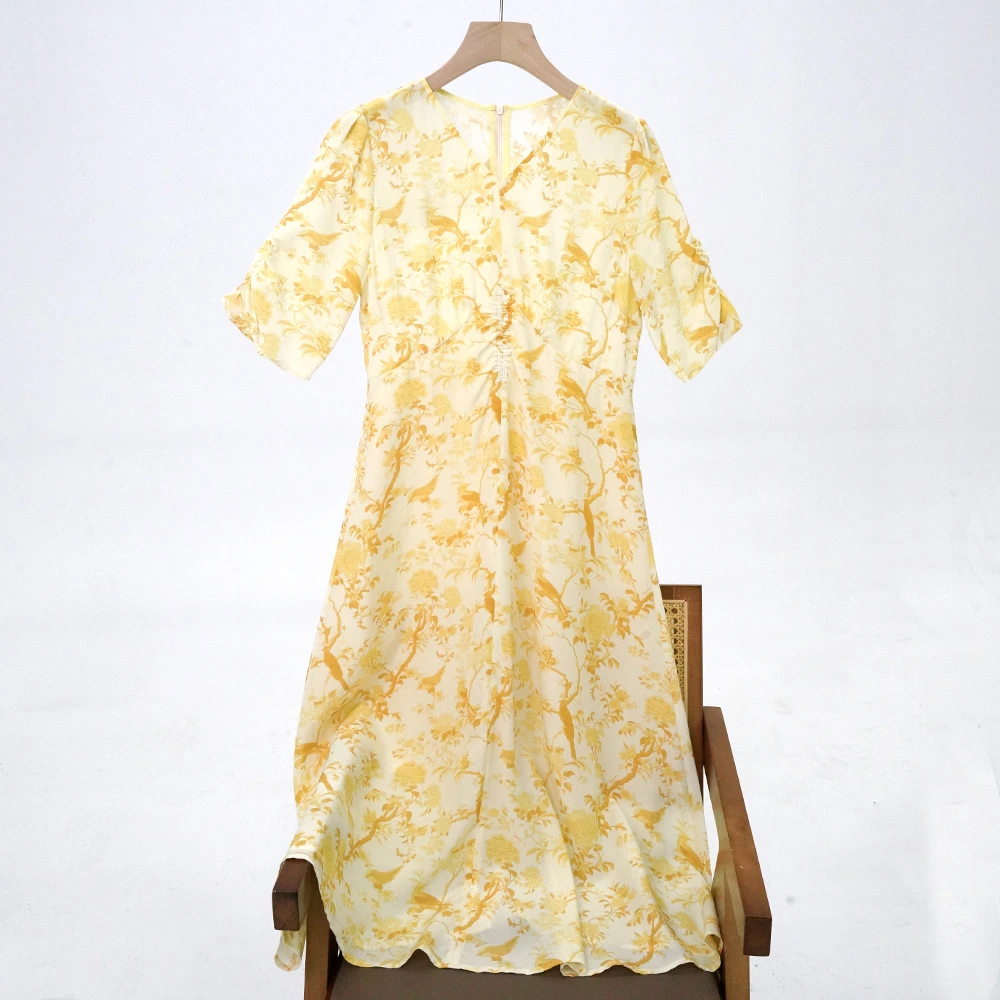 100%桑蚕丝内衬71.5%棉28.5%桑蚕丝抽褶大摆裙女连衣裙 8255529