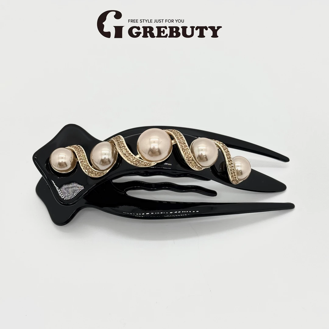 GREBUTY 6252 法式优雅香槟色珍珠后脑勺鸭嘴夹13cm