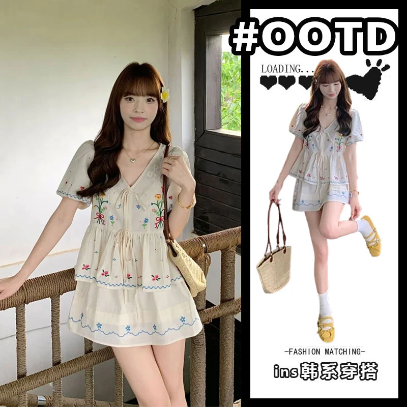 甜美刺绣系带娃娃衫短袖衬衫A字半身裙女2025夏季新款时尚套装潮