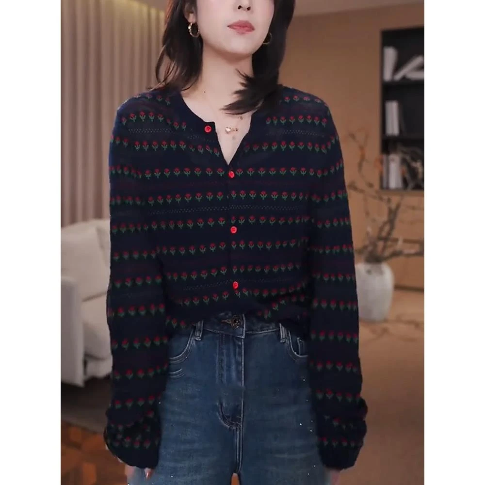 2025新款早秋针织衫女士时尚洋气减龄修身显瘦慵懒高级感印花上衣