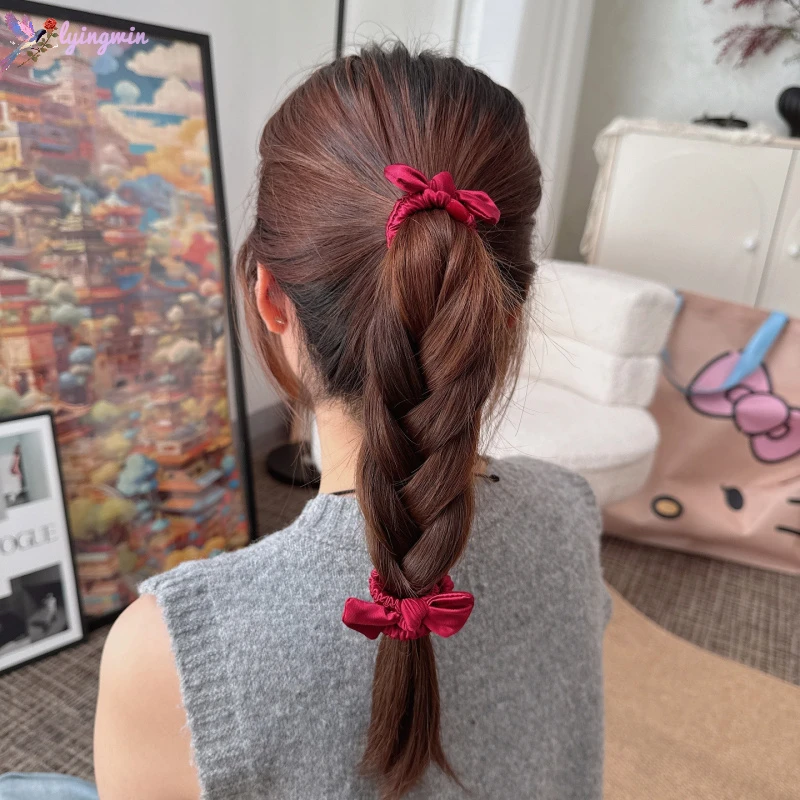 甜美红色喜庆新年蝴蝶结小肠发圈丸子头绳扎头发绳高弹力皮筋发饰