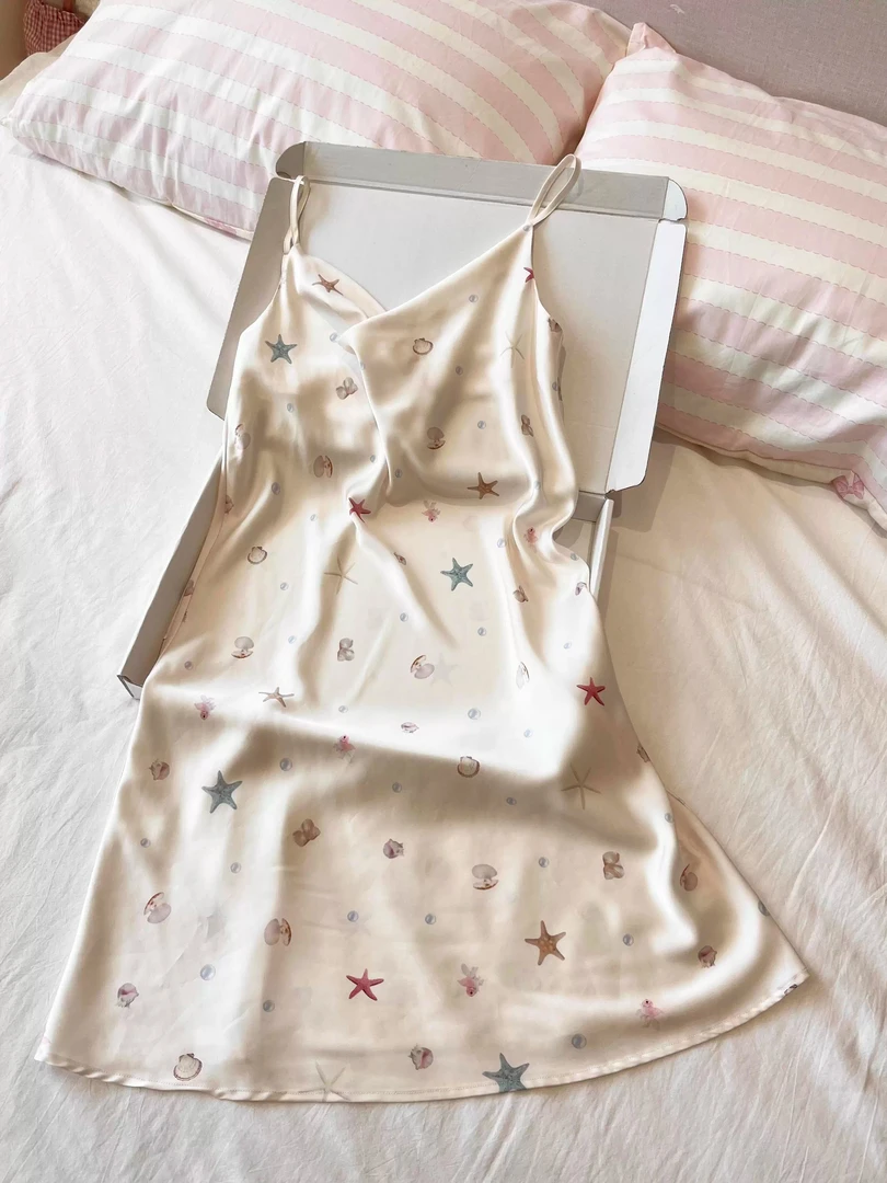 【DMXJ大梦想家】贝壳印花冰丝睡裙女夏季款高级感纯欲缎面家居裙子