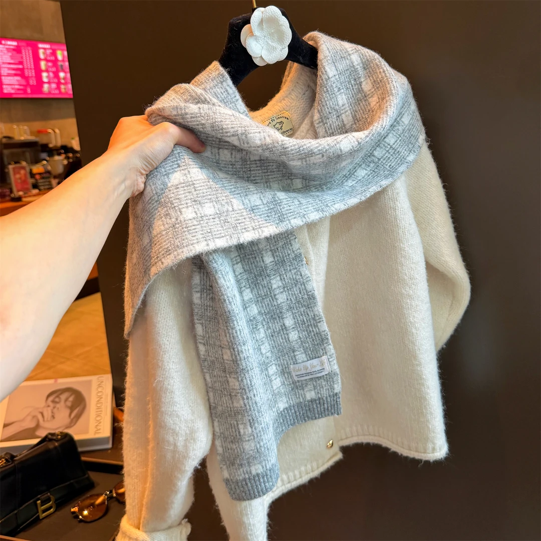 Miss both小香风灰色格纹双面围巾女秋冬新款保暖披肩百搭小围脖