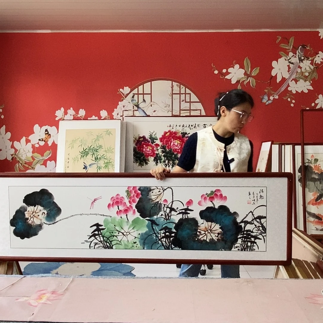 国画手写手绘国画作品带框包邮47✖️162