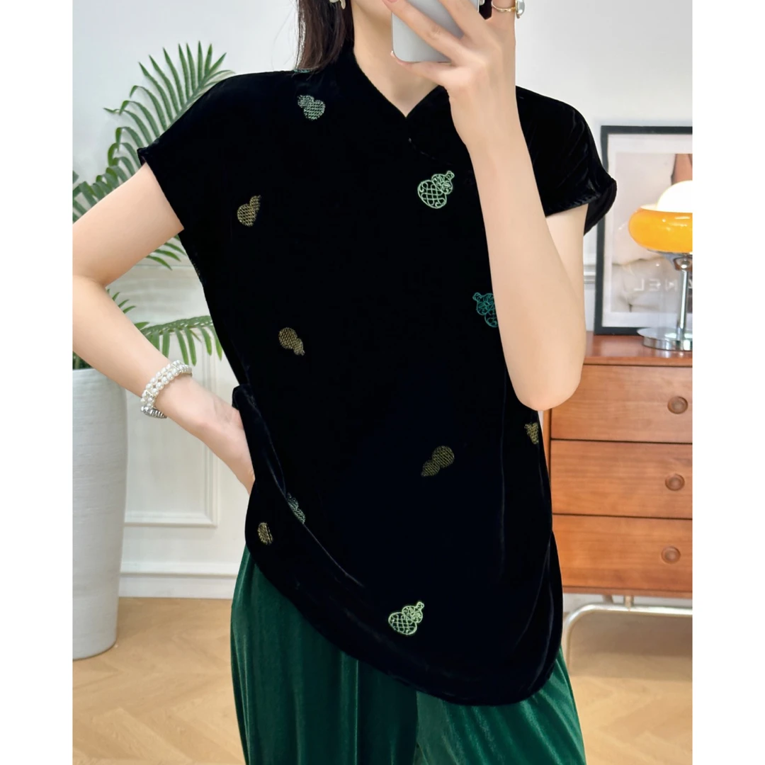 【Fifty one】刺绣小葫芦包肩真丝丝绒上衣