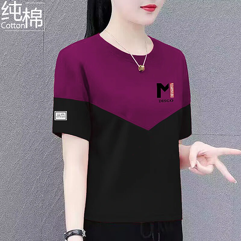 洋气百搭拼接纯棉短袖T恤女夏季新款宽松显瘦减龄时尚休闲上衣服