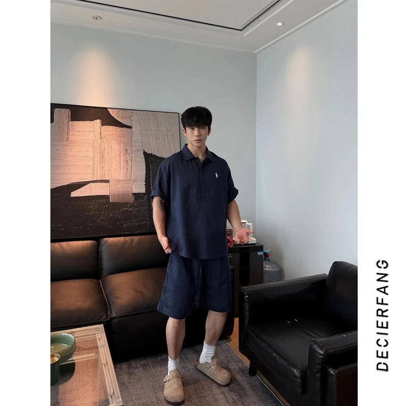 夏季新款老钱风男士休闲套装潮牌宽松简约刺绣舒适透气亚麻两件套