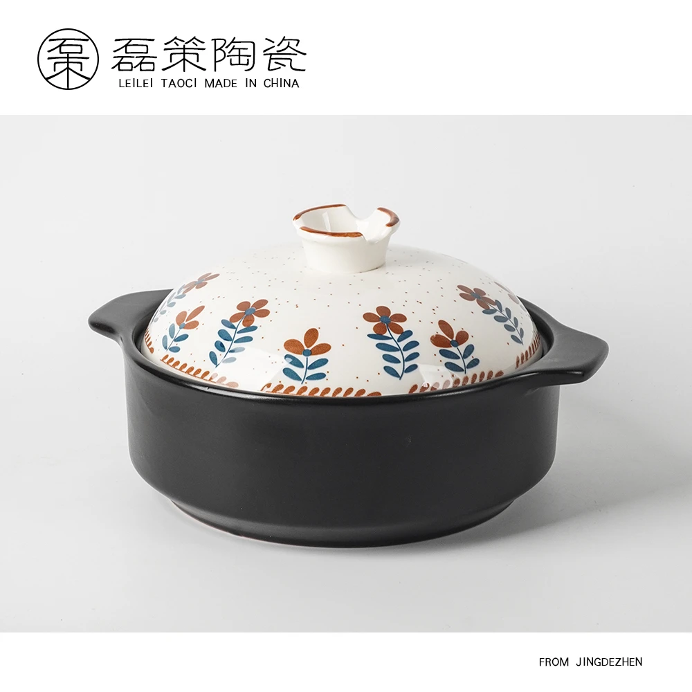 大号5升花朵带盖砂锅家用汤炖锅陶瓷煲粥锅燃气高温干烧不裂