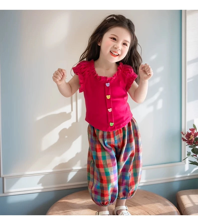 女童夏季2025新款时尚韩版薄款碎花格子裤女宝宝T桖两件套