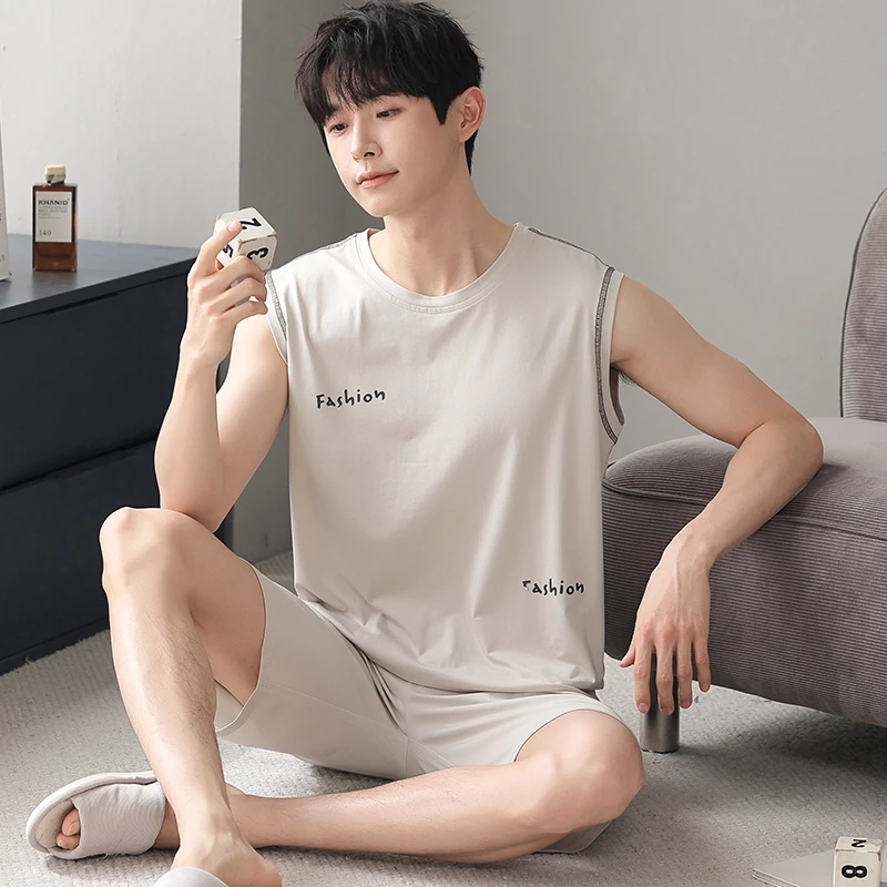 浪莎夏季无袖男款睡衣凉感莫代尔棉家居服休闲背心短裤家居服套装