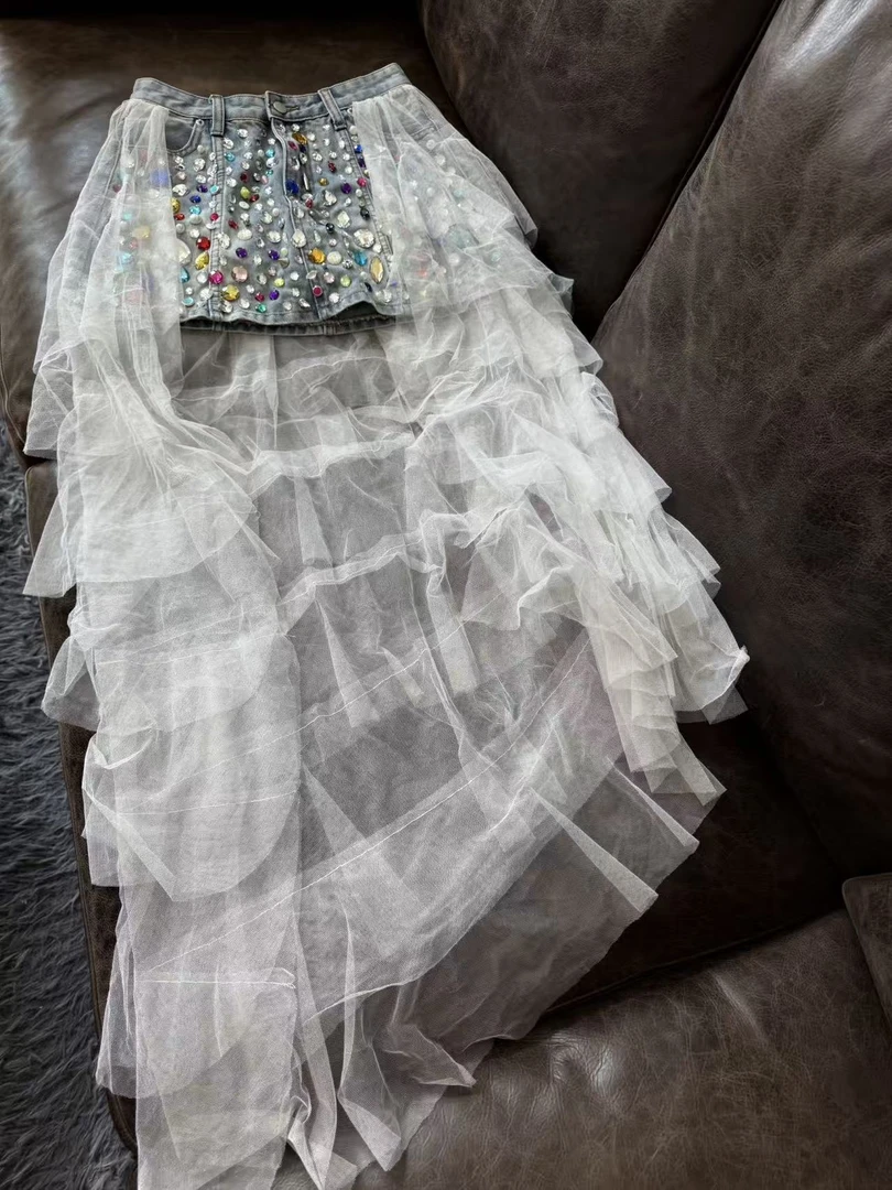 A620 公主白色时尚长款沙滩灰色渐变重工夏季设计师短裤子裤裙