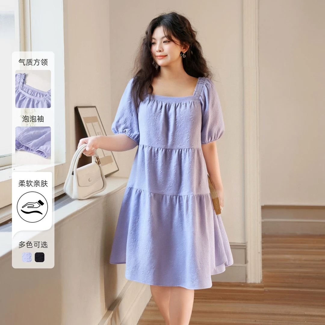 【法式提花方领泡泡袖连衣裙】MsShe大码女装2025秋显瘦X~F2504011