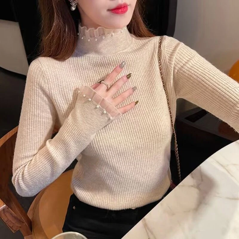 半高领毛衣秋冬打底针织衫女西装内搭设计感小众气质蕾丝网纱上衣