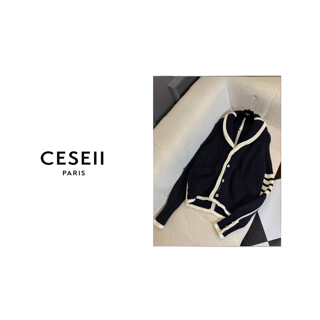 【25XJ934】CESEII精纺羊毛高端撞色条时尚毛织外套