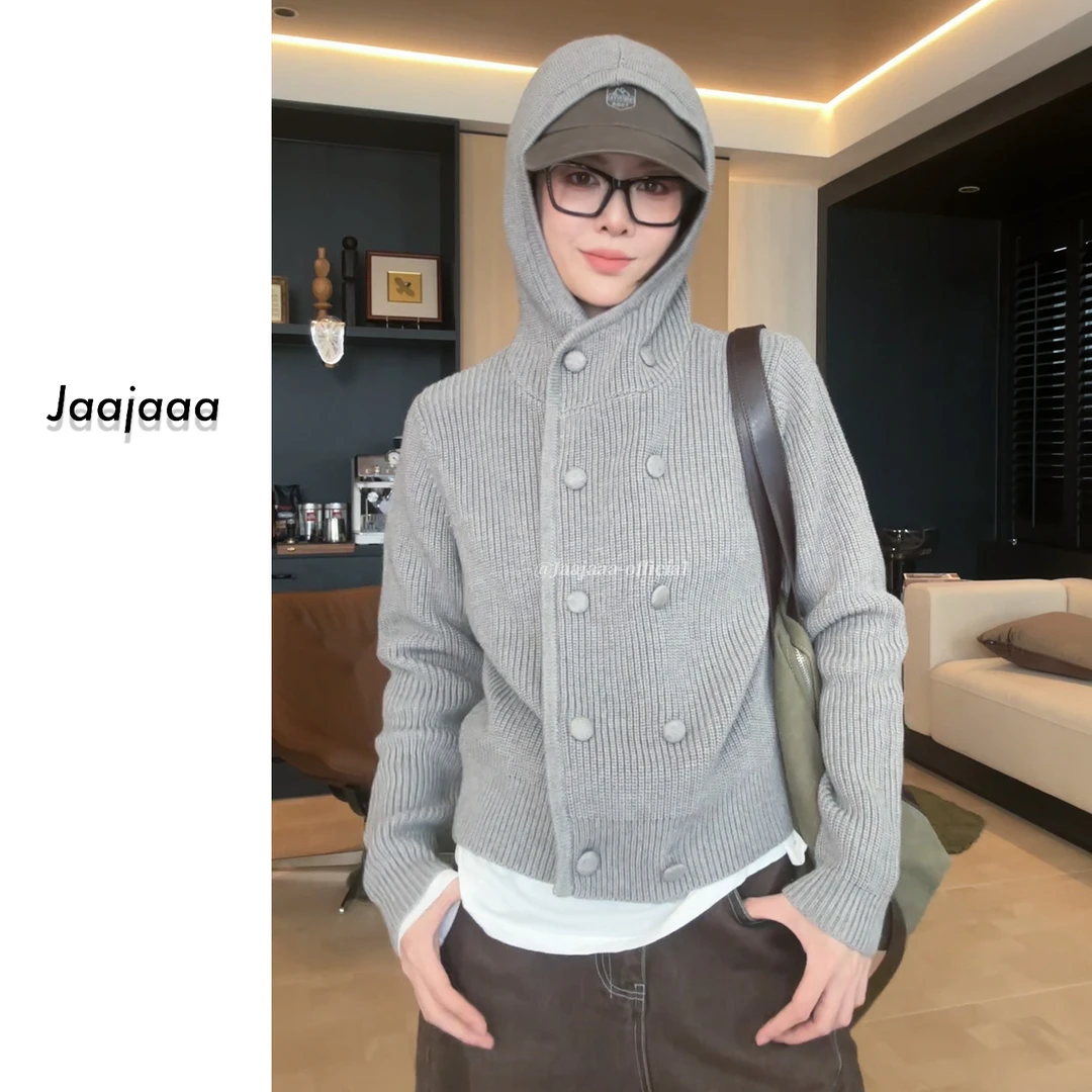 Jaajaaa迷雾森林 时尚设计感长袖双排扣连帽纯色休闲针织上衣