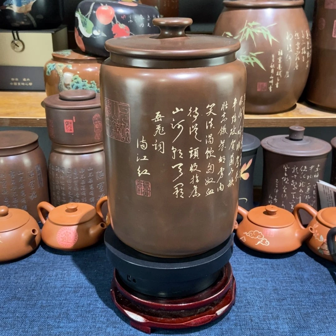 4建水紫陶手工精磨彩填醒茶罐