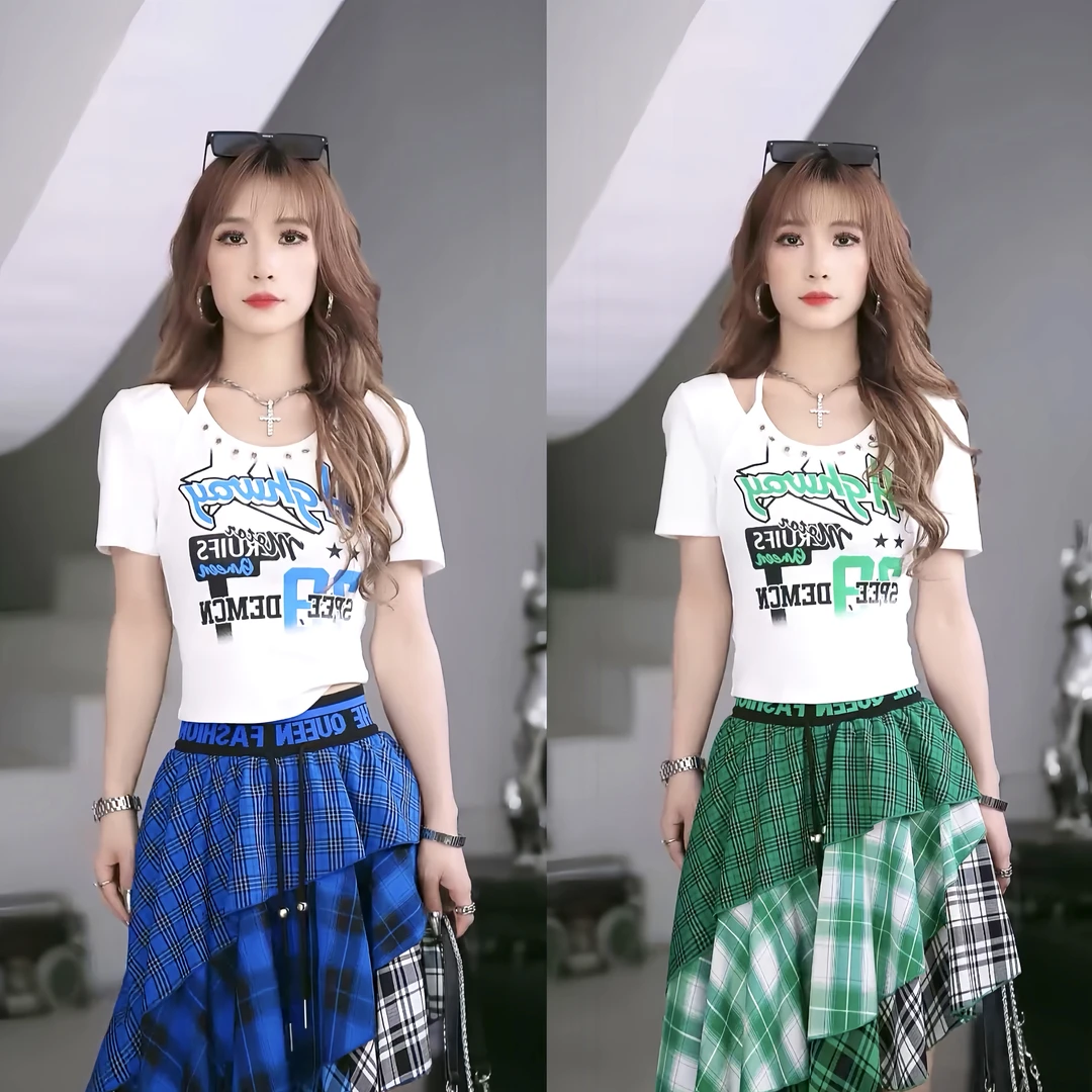 【笑姐定制】D97505 原创字母印花铆钉挂脖绑带修身百搭短袖