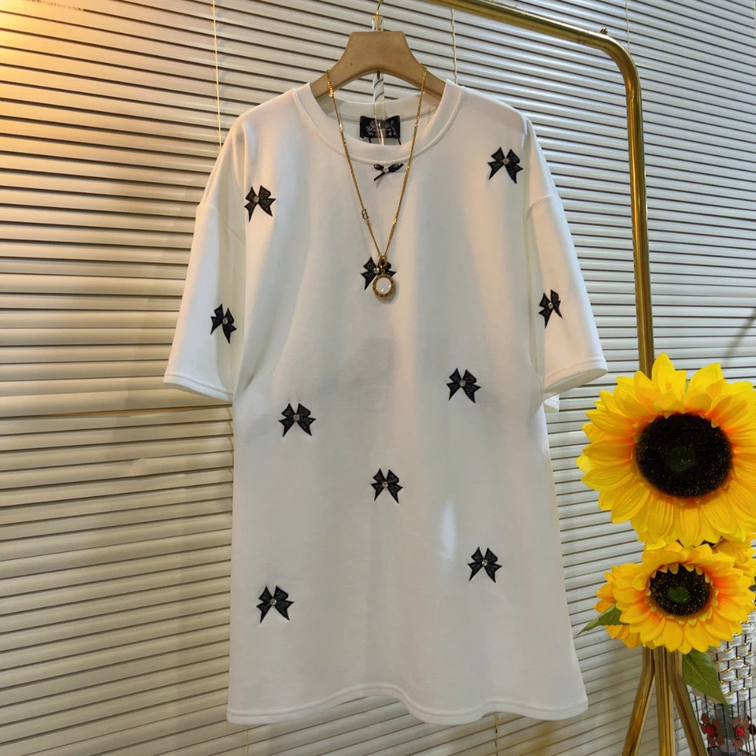 YDD春季新款刺绣小蝴蝶结短袖T恤简约韩版短袖T恤上衣502