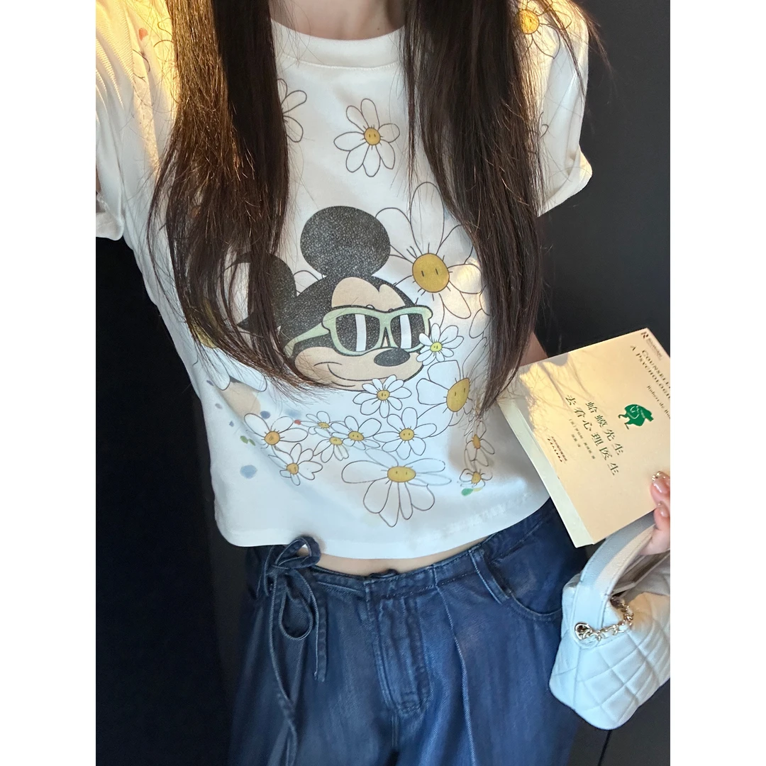 女装夏季2025新款宽松米奇头图案印花圆领上衣可爱少女风短袖T恤