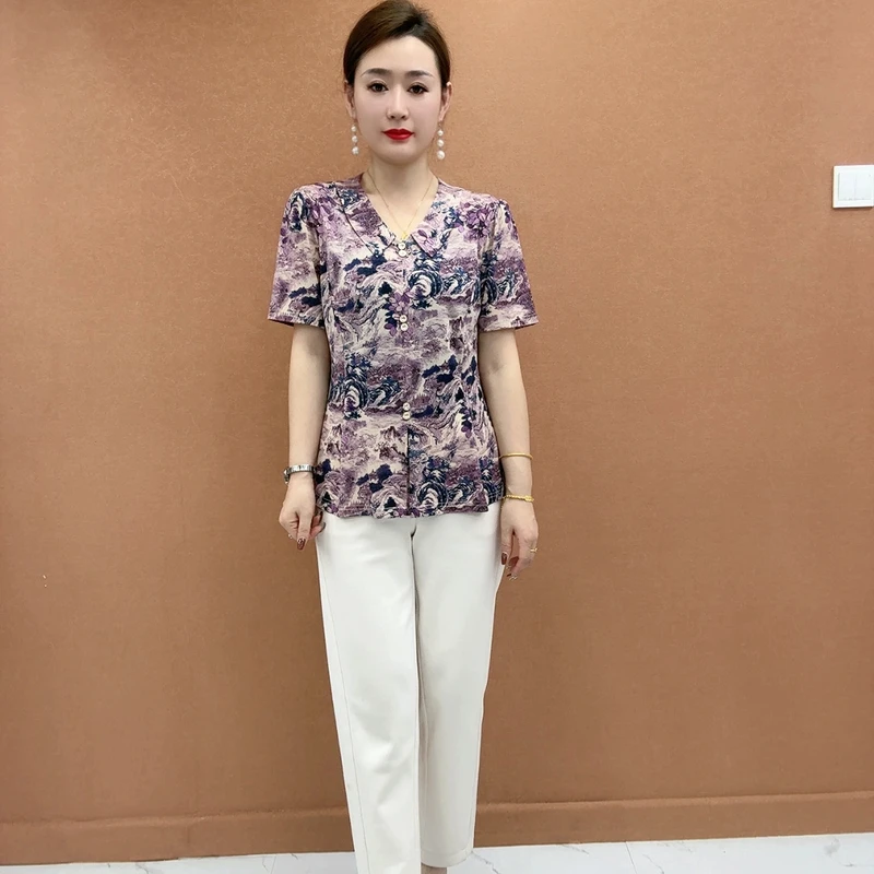 2025夏季新款复古风七分袖小衫妈妈优雅气质减龄T恤百搭显瘦上衣