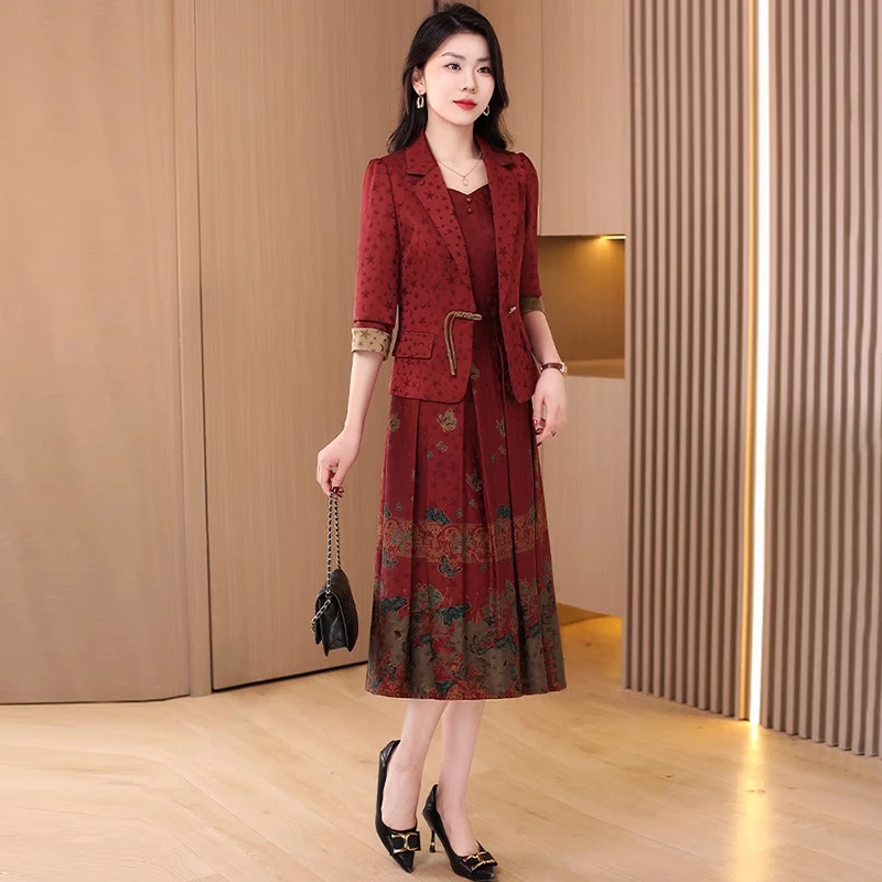 【拉夏】红色喜婆婆婚宴装套装连衣裙2025早秋新款国风盘扣两件套裙