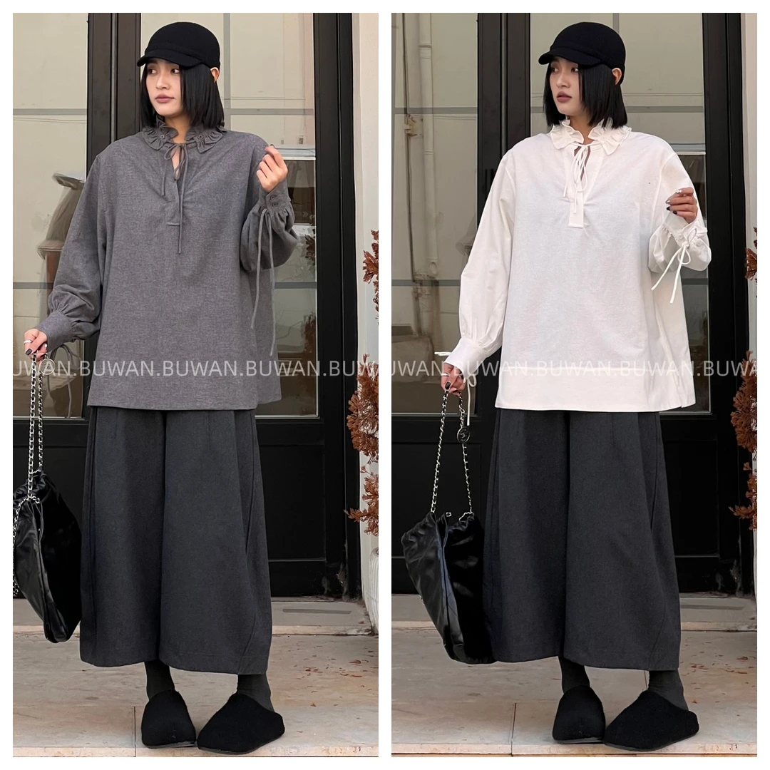 BUWAN【素然】年货春款木耳领可拆卸宽松大版纯色极简风衬衫9570