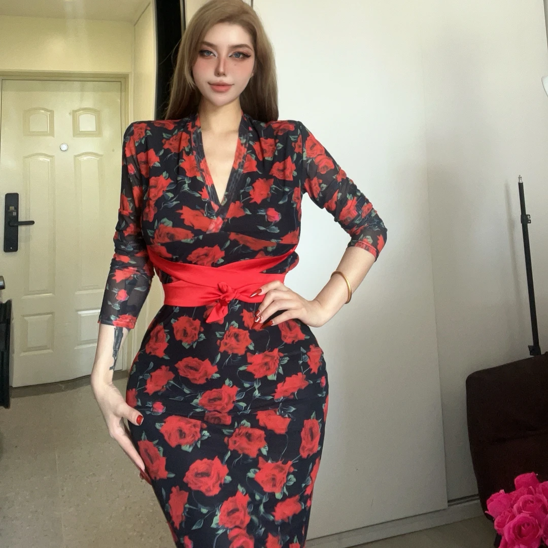 【红玫瑰】新款系带高腰玫瑰印花长袖v领紧身显瘦身裙长短款连衣裙