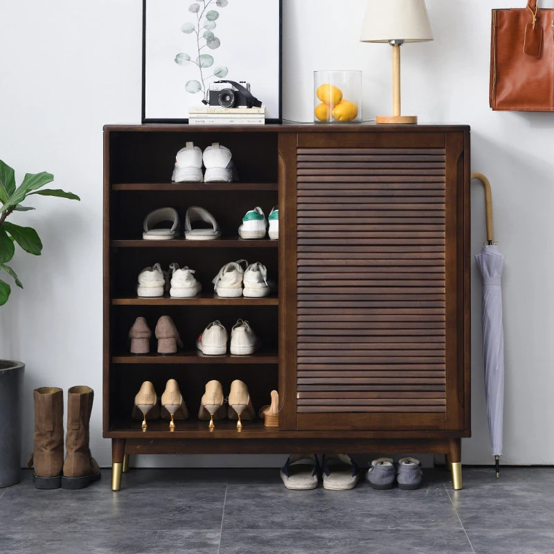 实木门口鞋柜大容量简约轻奢风玄关推拉门家用免安装储物柜收纳架