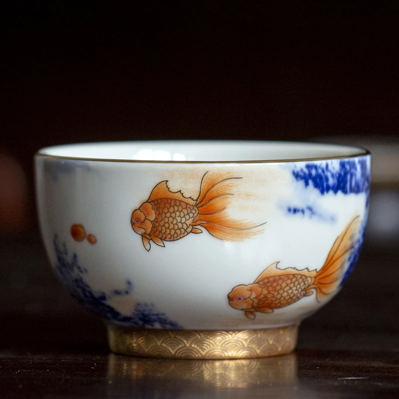 富贵有余 大号主人杯 高档 釉中彩青花矾红 描金杯家用白瓷名窑