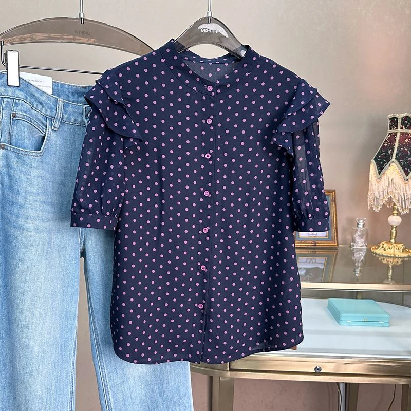 原里（夏日莓果）时尚点点圆领女衬衫气质减龄显瘦百搭短袖女衬衣