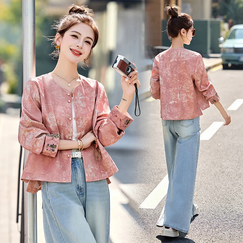 宽松型长袖宽袖圆领薄款女短外套国风唐装复古春秋气质洋气短款