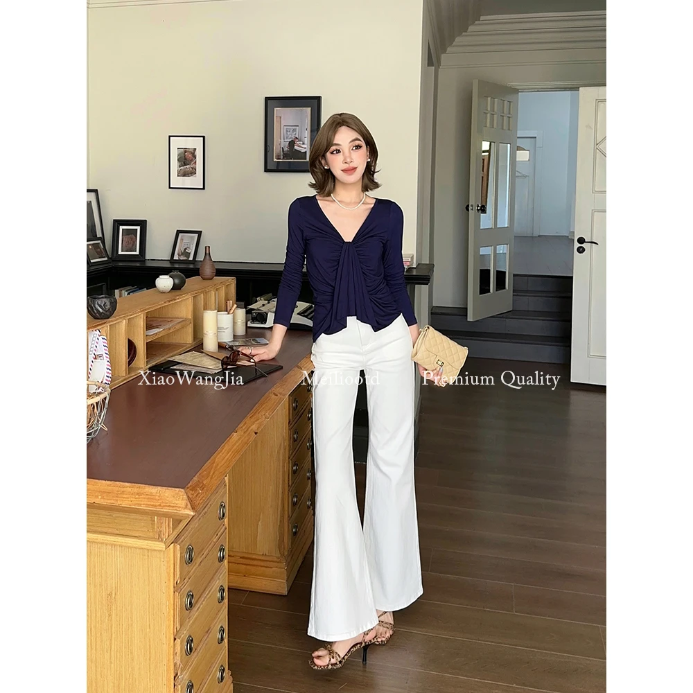 /MEILI白色微喇牛仔裤阔腿裤子高腰显瘦喇叭裤复古白色裤子