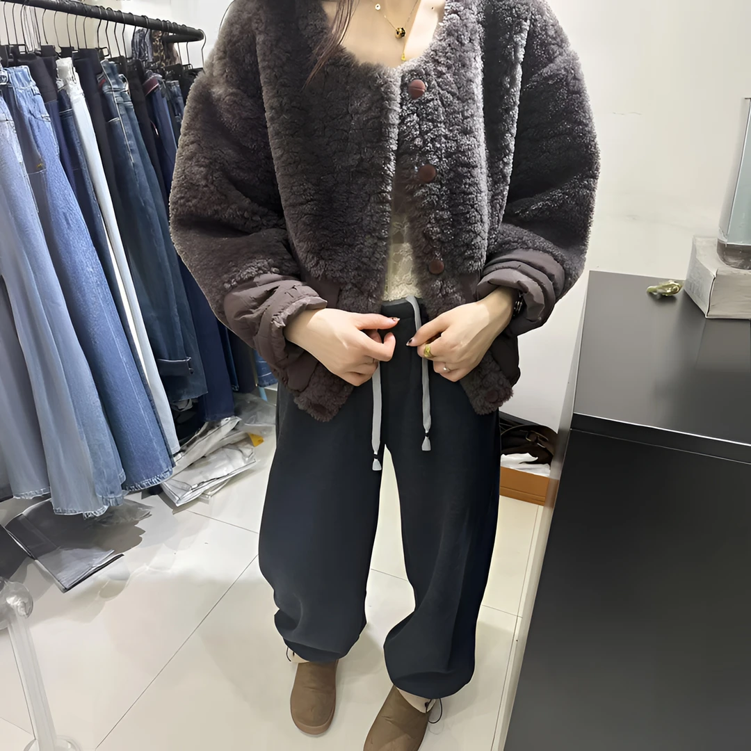 韩系拼接羊羔毛羽绒服女2025冬新款保暖白鸭绒外套