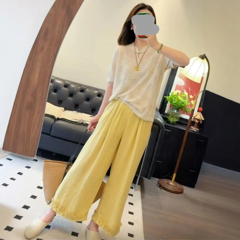 韩系穿搭一整套女夏2025新款时尚气质镂空短袖上衣阔腿裤两件套