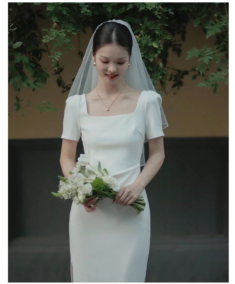 夏季新娘领证结婚方领包臀裙泡泡袖显瘦礼服婚纱晚礼服白色连衣裙