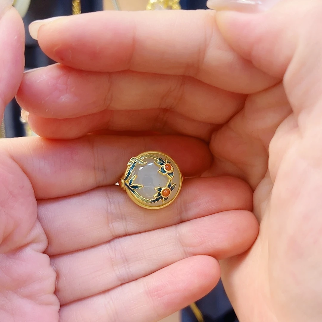 和田玉银S925镀金镶嵌戒指