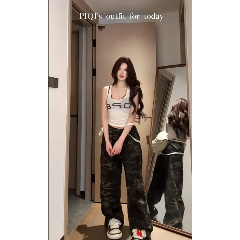 美式辣妹风复古气质字母印花修身吊带背心高腰迷彩宽松工装长裤女