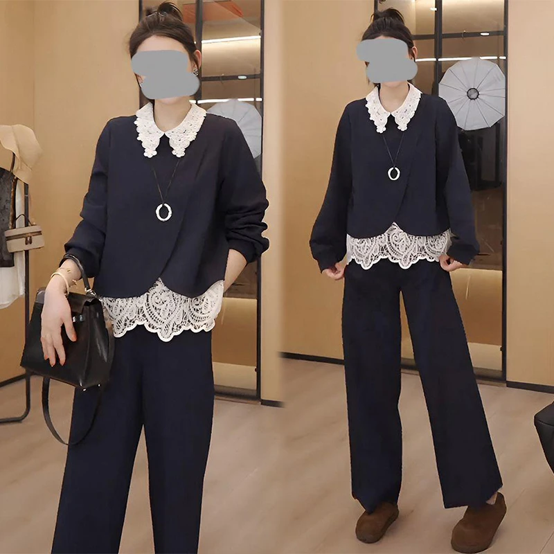 气质时尚套装女2025秋季新款设计感小众显瘦蕾丝上衣直筒裤两件套
