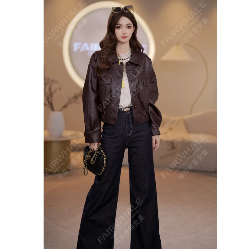 马克华菲女装秋季新款纯色长袖PU皮衣短款翻领休闲外套小个子 v