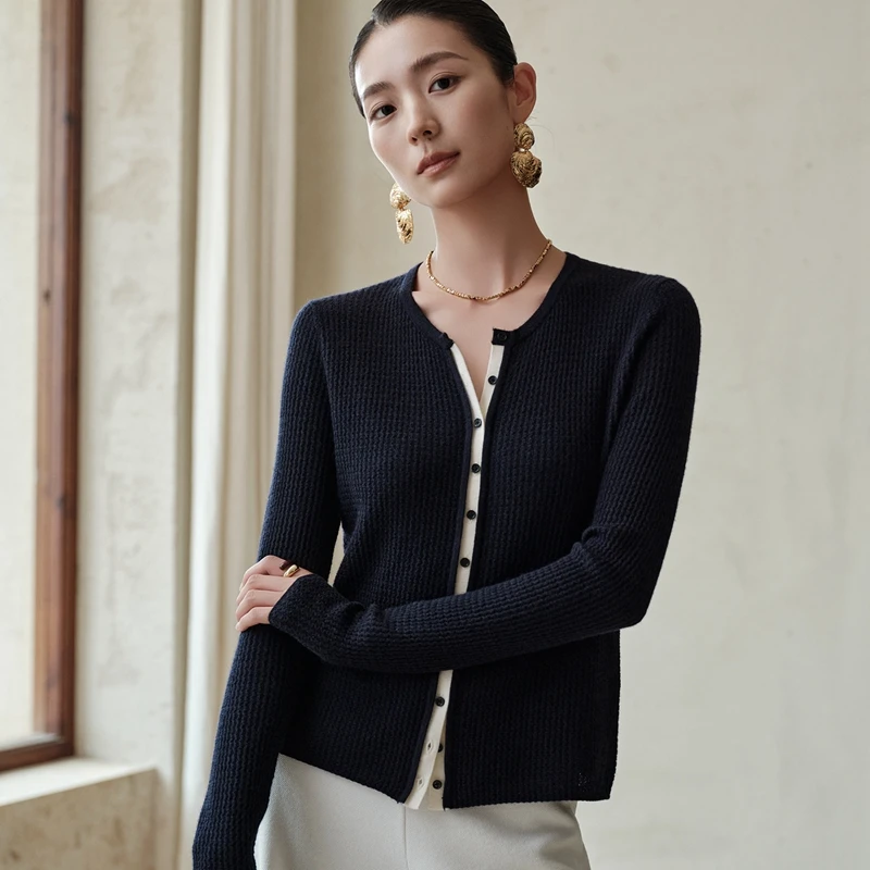 纯山羊绒女士薄款针织开衫长袖百搭秋冬修身羊绒衫