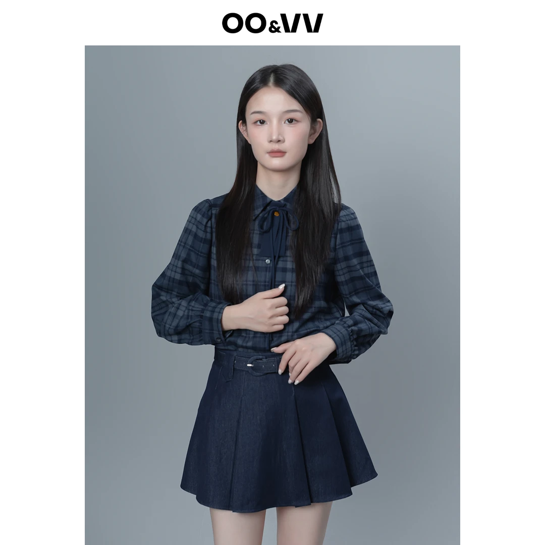 OO&VV米格系带领设计感长袖磨毛衬衫女2025秋正肩微弹T恤打底上衣